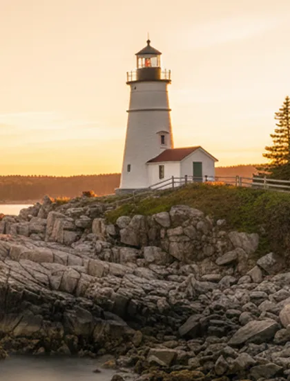 White lighthouse with a small attached building on rocky coastline during sunset.