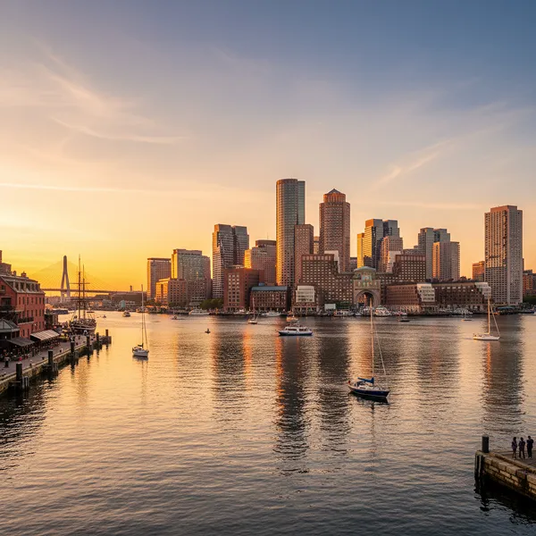 Sunset view of a city skyline with high-rise buildings and sailboats on calm water.