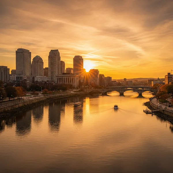 Sunset over urban skyline with river, bridge, and boats reflecting golden light.