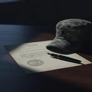 Formal military document with a pen and camouflage cap on a dark wooden surface.