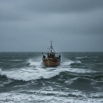 Fishing boat navigating through rough, choppy gray ocean waves under overcast sky.