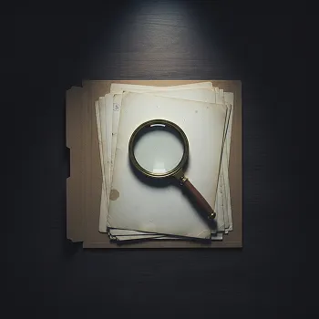 A magnifying glass resting on a stack of aged, yellowed documents atop a brown folder.