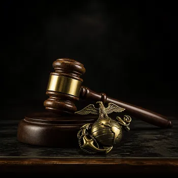 Wooden judge's gavel and United States Marine Corps emblem on dark surface.