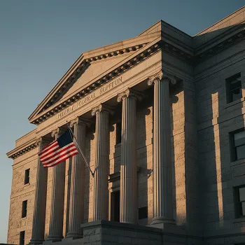 Classical stone building with tall columns, American flag, and "Federal Building" inscription.