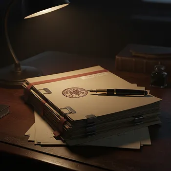 Stack of manila folders with a seal and fountain pen on wooden desk under lamp light.