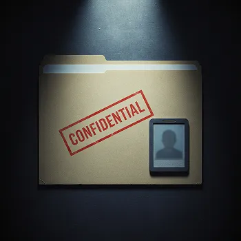 Manila folder labeled "CONFIDENTIAL" with a smartphone displaying a blurred silhouette.