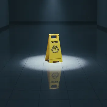 Yellow caution sign with "Caution Wet Floor" warning, spotlighted on tiled floor.