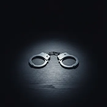 Metallic handcuffs placed on a dark wooden surface under focused lighting.