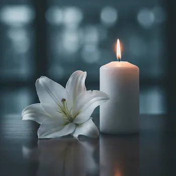 A lit white candle beside a white lily flower on a reflective surface with a blurred dark background.