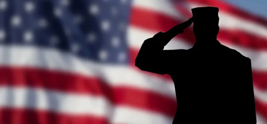 Silhouette of a saluting soldier in front of a blurred American flag background.
