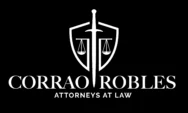 Logo featuring a white sword and scales of justice inside a shield with "Corrao Robles Attorneys at Law" text.