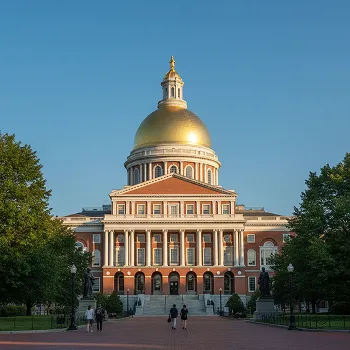Front view of the Massachusetts State House with its golden dome and red brick facade.