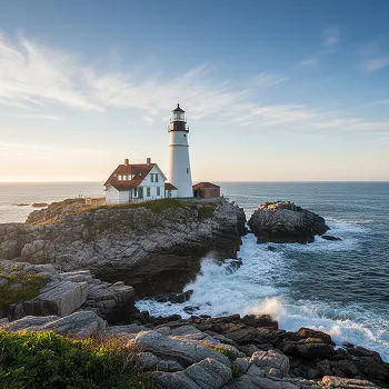 Lighthouse with adjacent buildings on rocky coastline overlooking ocean under clear blue sky.