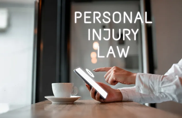 Hand holding a smartphone with a coffee cup on table and text "Personal Injury Law" in background.