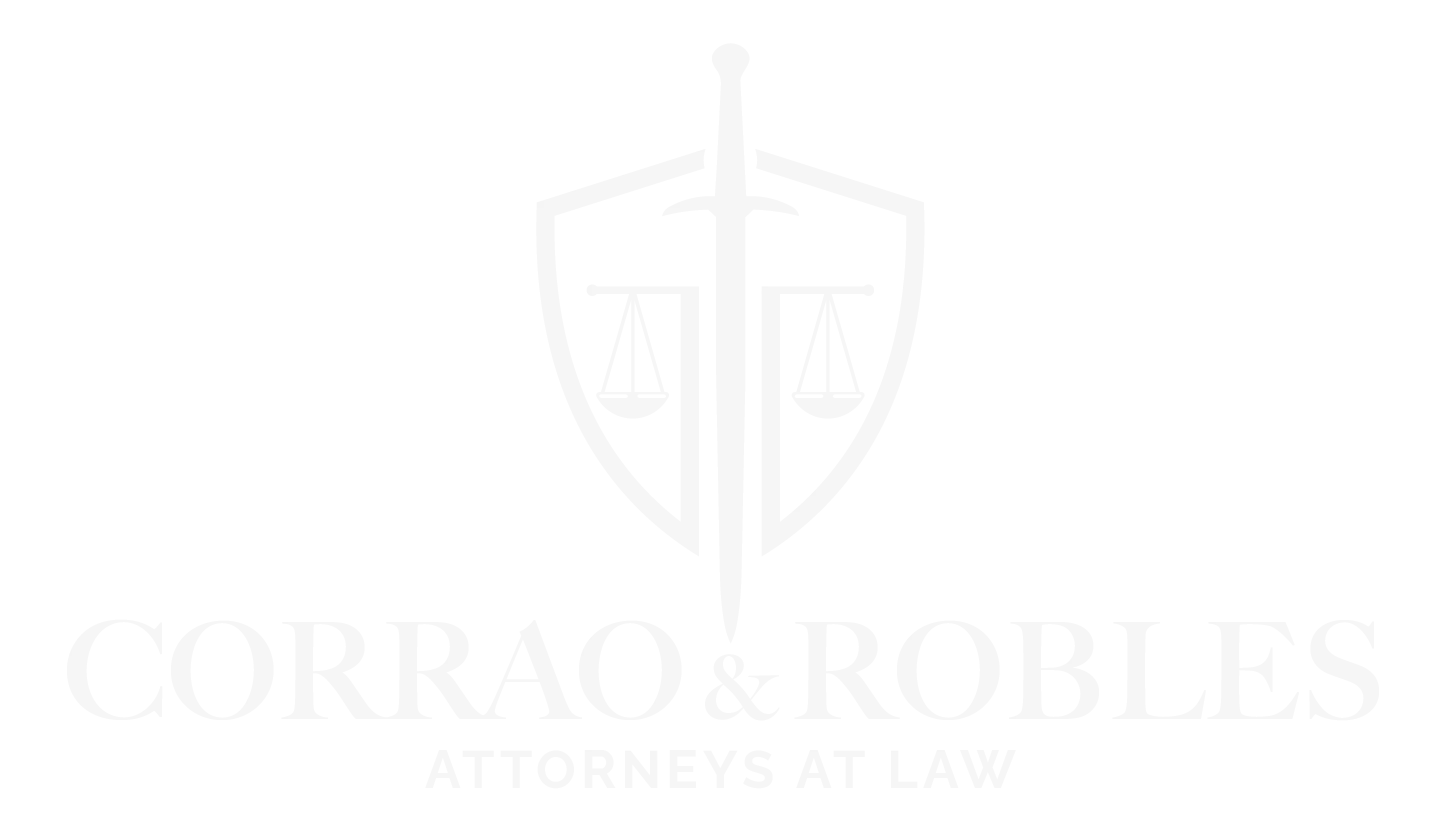 White logo featuring a shield with balanced scales and a sword, with text "CORRAO & ROBLES ATTORNEY AT LAW.