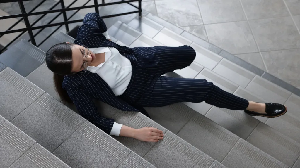 Businesswoman in navy pinstripe suit lying on gray tiled stairs, appearing injured.