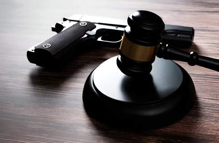 Black judge's gavel with gold band beside a black handgun on a wooden surface.