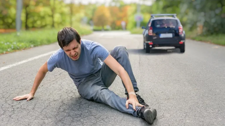 Injured man sitting on road holding ankle, with a black car in the background.